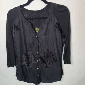 Nine West Black Top‎ Vintage American Collections PL Velvet Like Embroidery